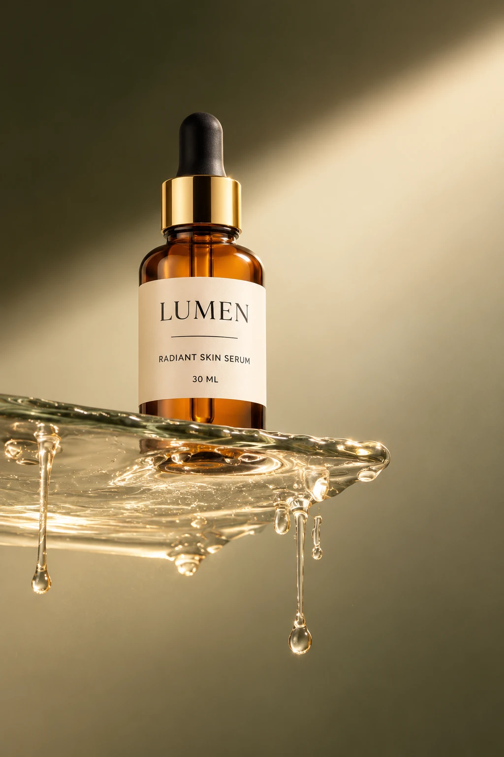 Serum bottle standing on a slab of serum with golden drips