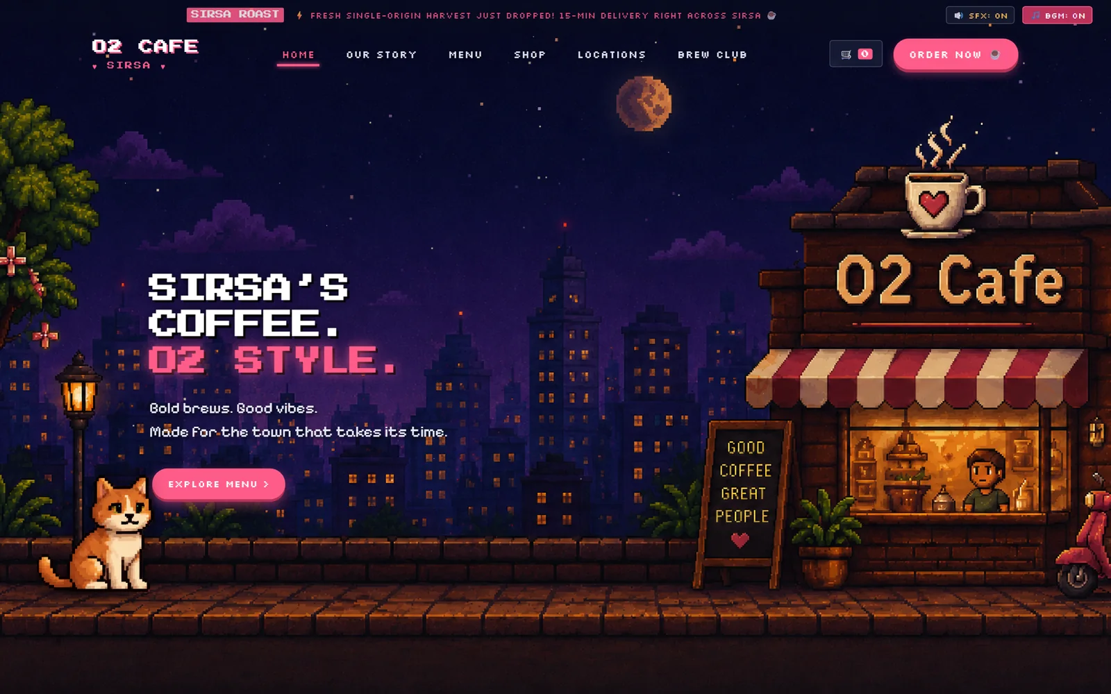 O2 Cafe website homepage with a pixel-art night street