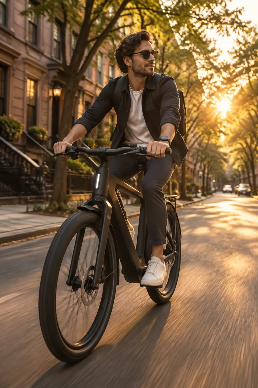 Vertical video ad frame of an e-bike rider at golden hour