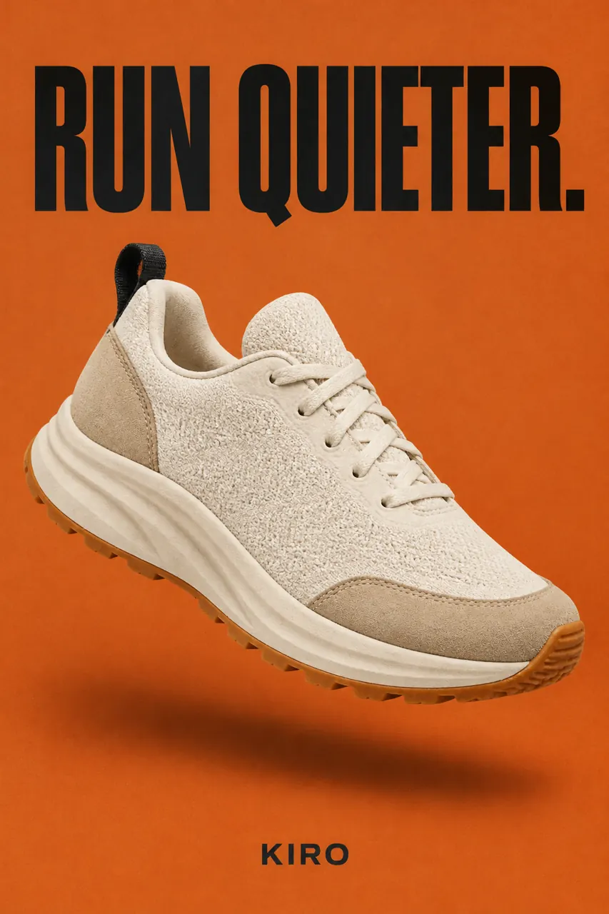 The sneaker in a burnt-orange static ad reading Run quieter
