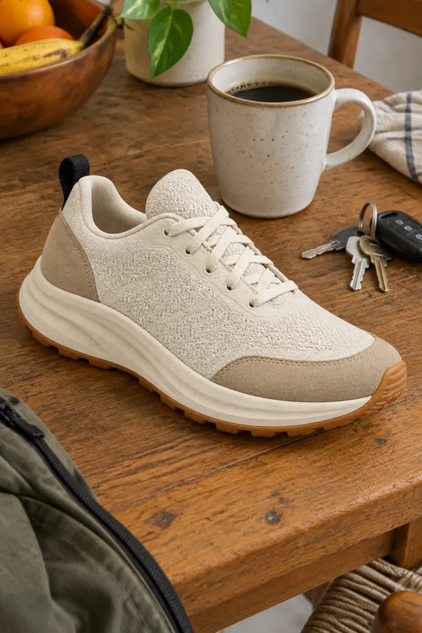 Amateur phone photo of a cream sneaker on a kitchen table