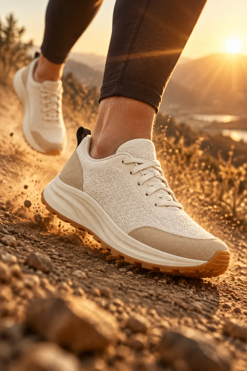 Golden-hour video-ad frame of the sneaker on a dusty trail